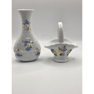 vintage porcelain basket And Vase With Beautiful Blue Pink Yellow Flowers